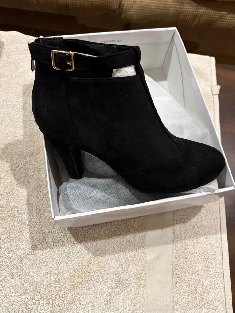 SHEIN Black Suede Ankle Booties with Gold Buckle